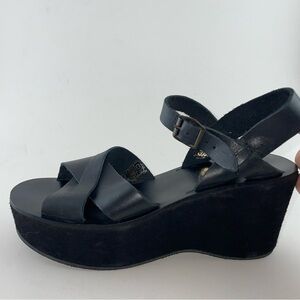 Kork-Ease Black Leather Platform Wedge Sandals Size 38 Made in Spain
